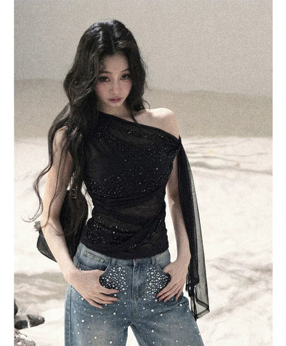 Mesh Drape Rhinestone Top | Final Sale