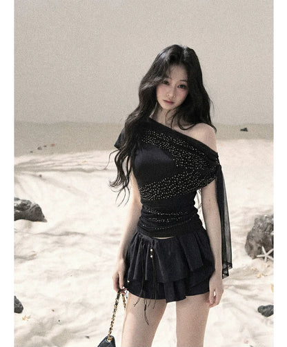 Mesh Drape Rhinestone Top | Final Sale