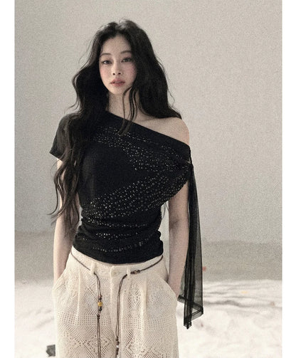 Mesh Drape Rhinestone Top | Final Sale