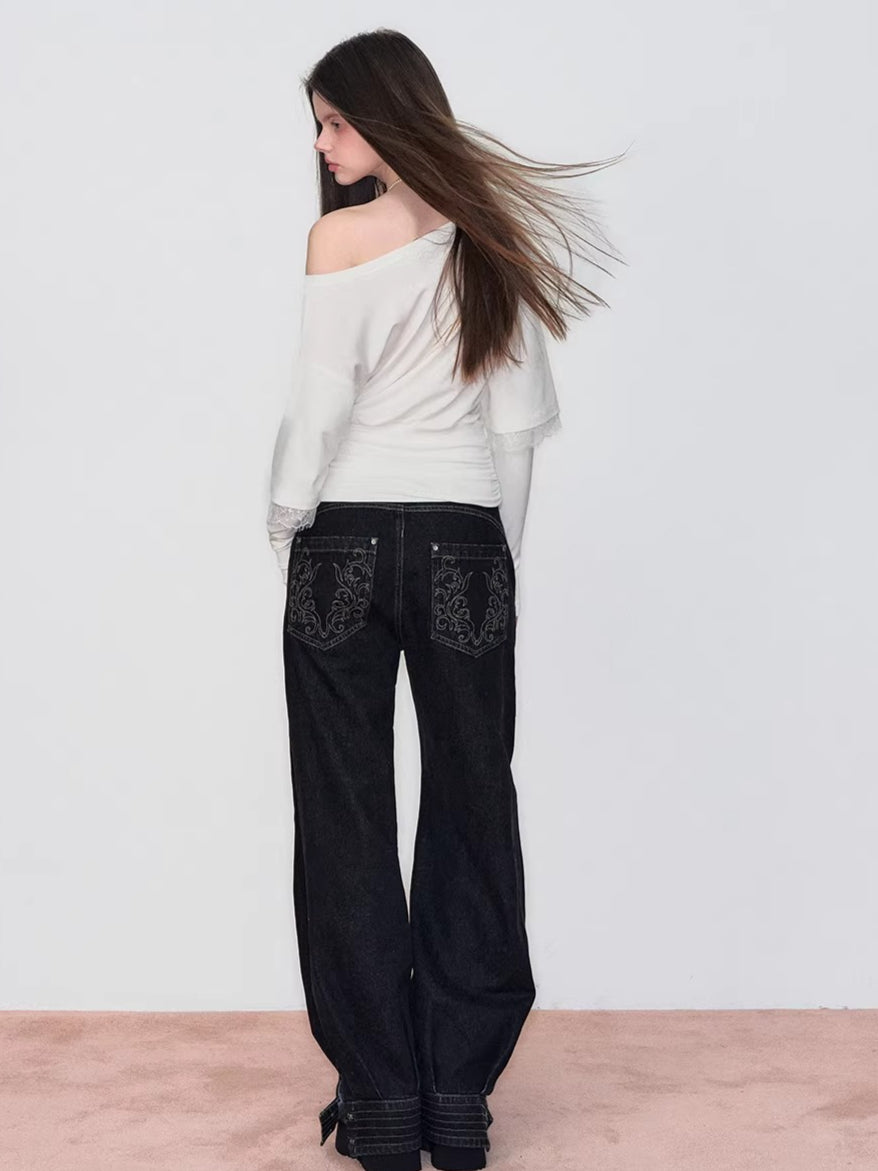 Asymmetric Lace-Panel Faux Layered T-Shirt