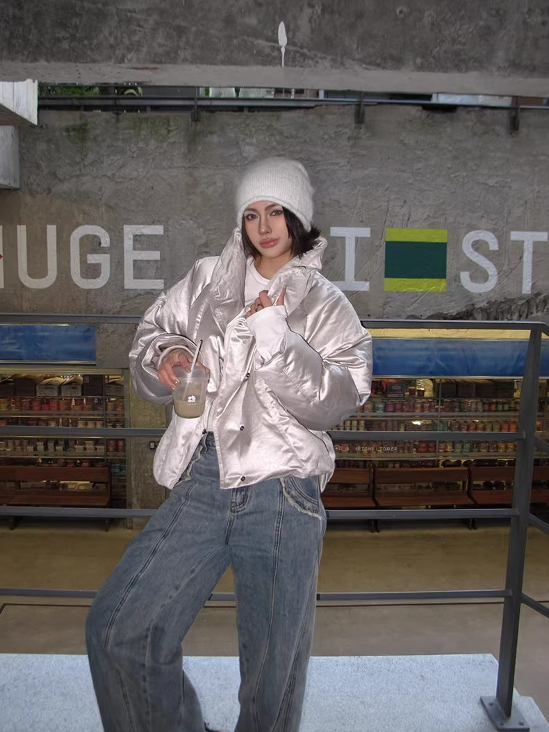 Oversized Leather-Texture Down Jacket