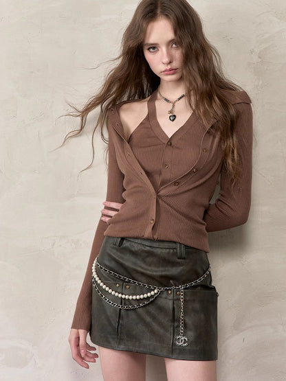 Layered Placket Faux Two-Piece Knit Cardgian