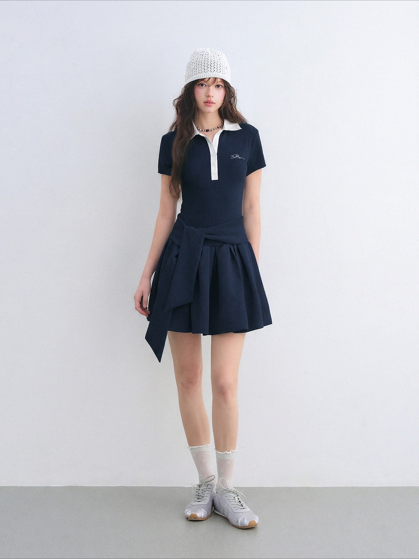 Contrast Polo Collar Puff Dress Two-Piece Set