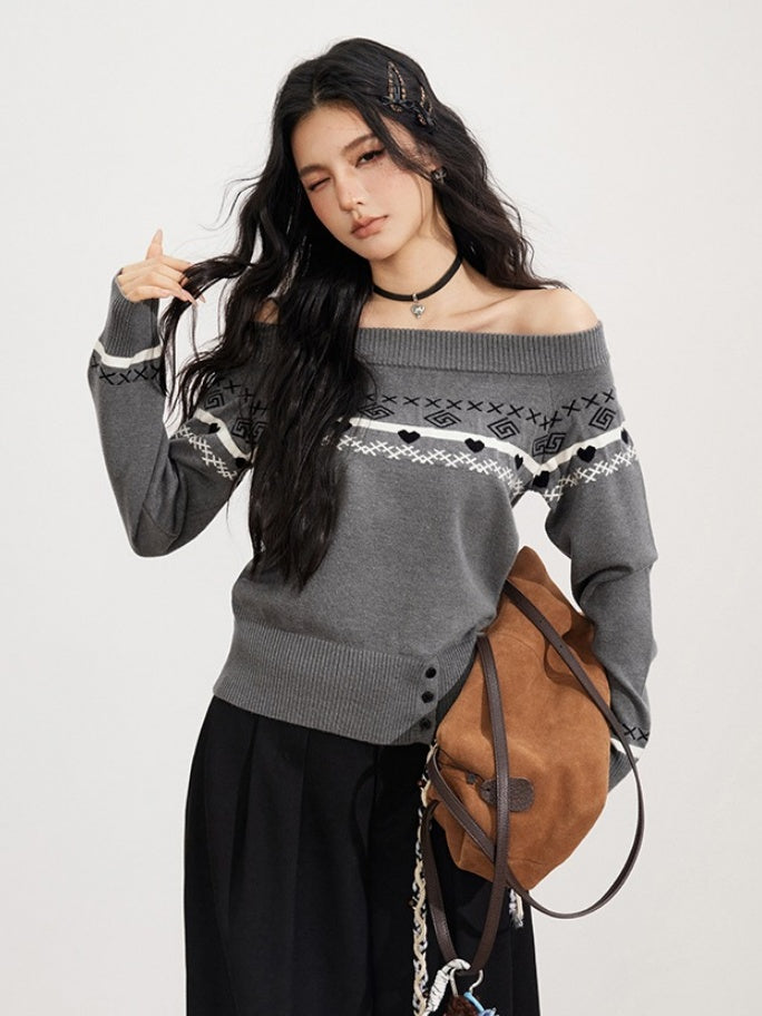 Fair Isle Off-Shoulder Knit Sweater