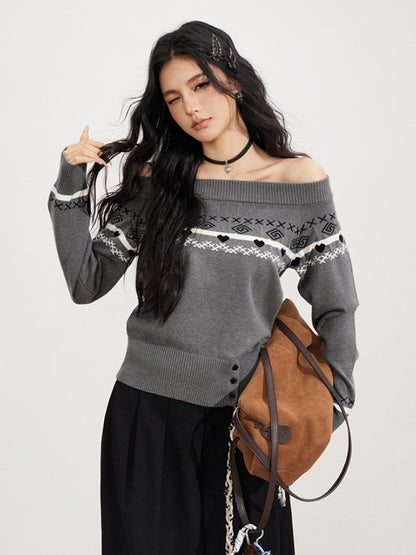 Fair Isle Off-Shoulder Knit Sweater