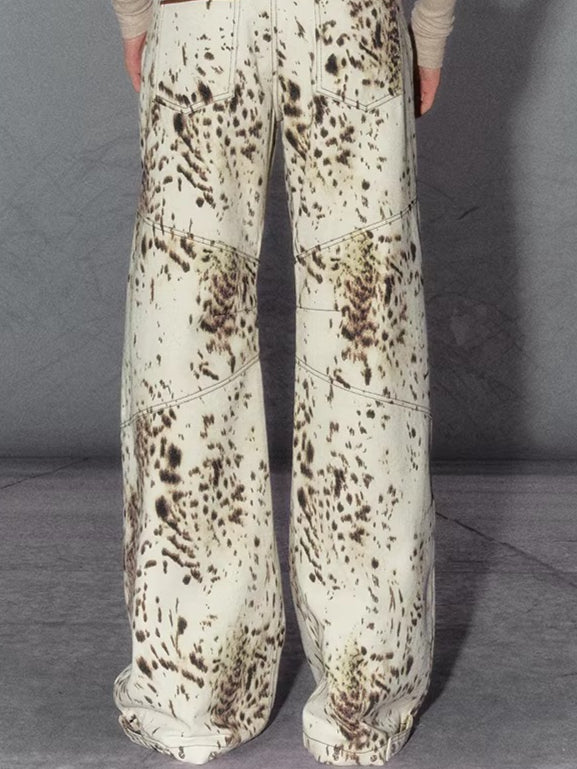 American Leopard Print Wide-Leg Denim Pants