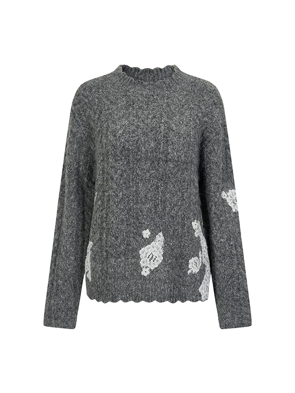 Gray Lace Panel Crewneck Sweater