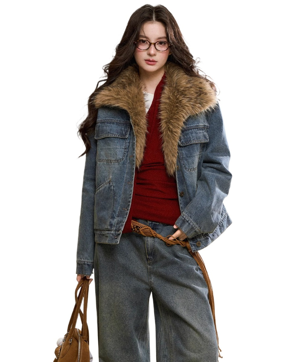 Faux Fur Collar Denim Jacket