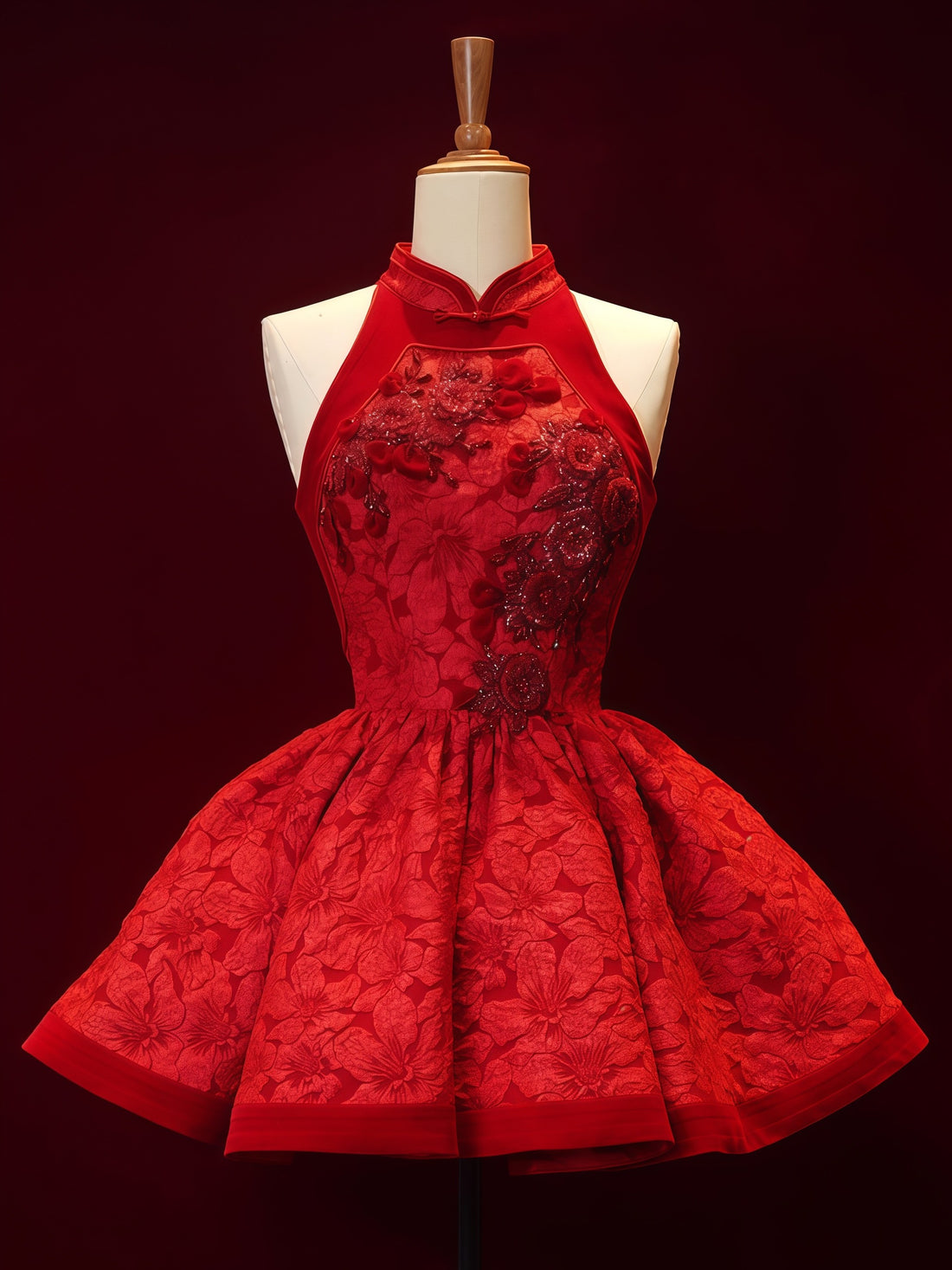 Crimson Floral Embroidered Halter Mini Dress