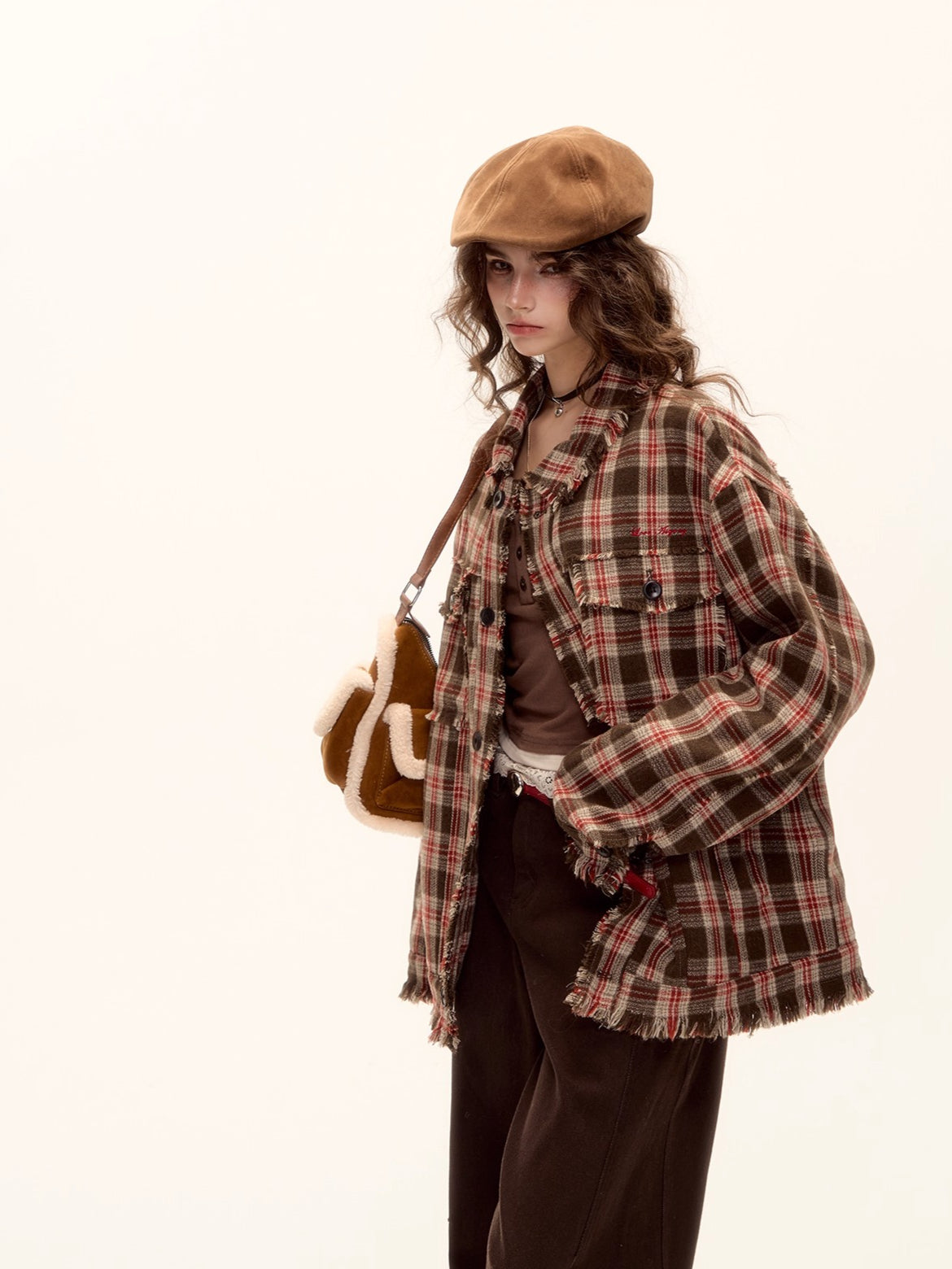 Wool Blend Checkered Contrast Fringe Shirt