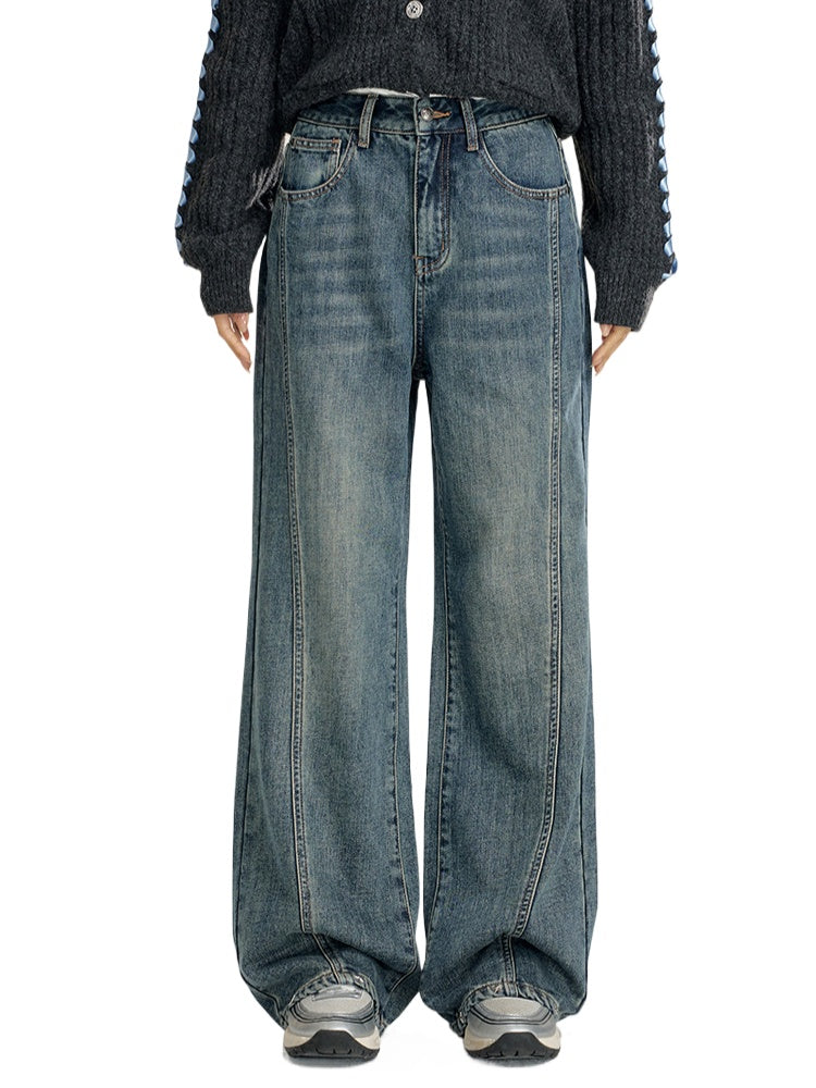 Heart-Patterned Fleece-Lined Wide-Leg Denim Pants