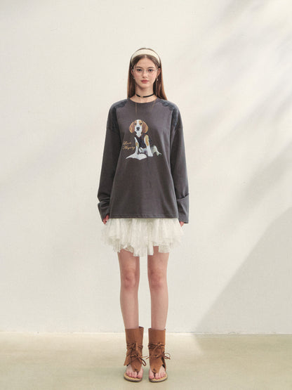 Lace Panel Dog Print Crew Neck Tee - CHINASQUAD