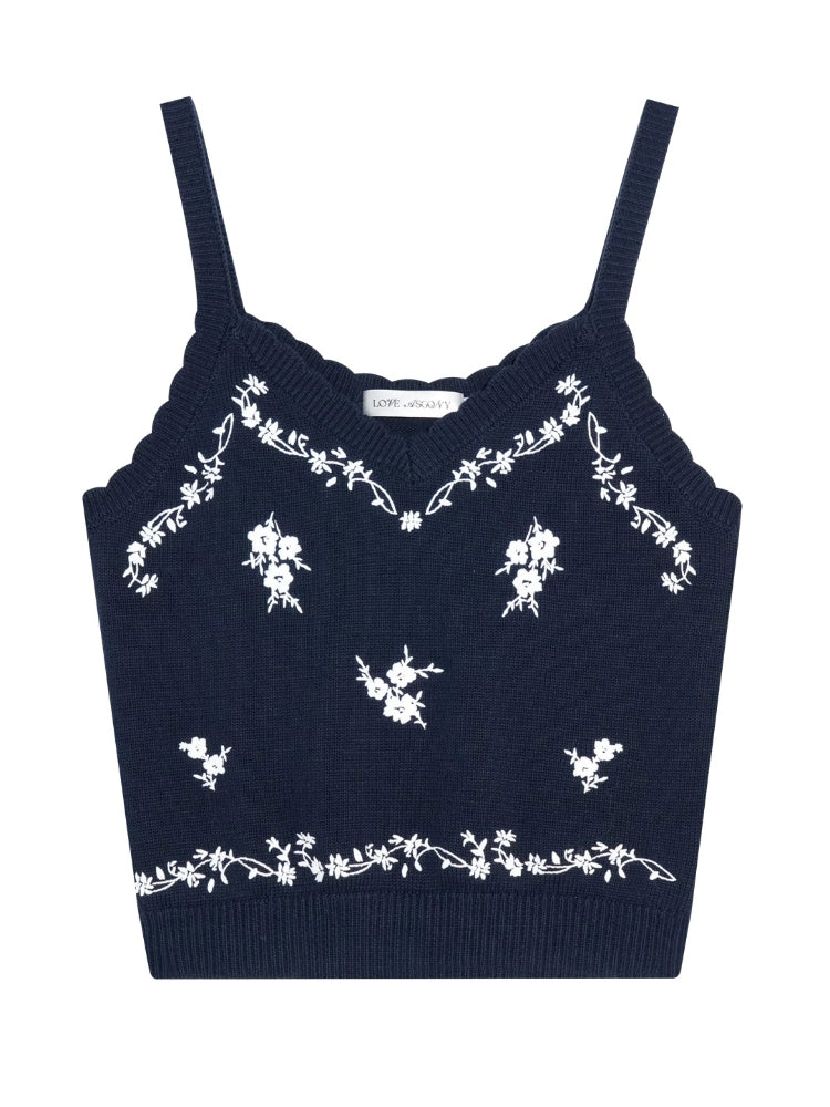Navy Blue Floral Embroidery Knitted Cardigan