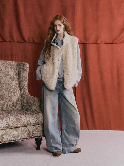 Vintage Washed Distressed Wide-Leg Denim Pants