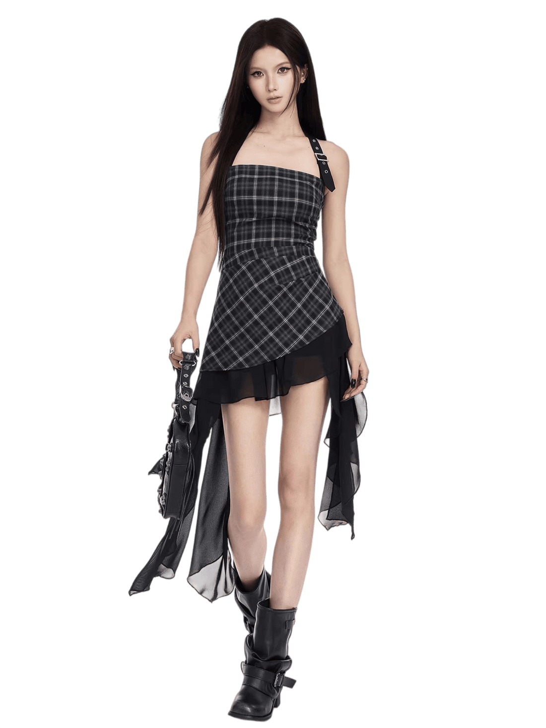 Romantic Asymmetric Ruffle Halter Plaid Bustier