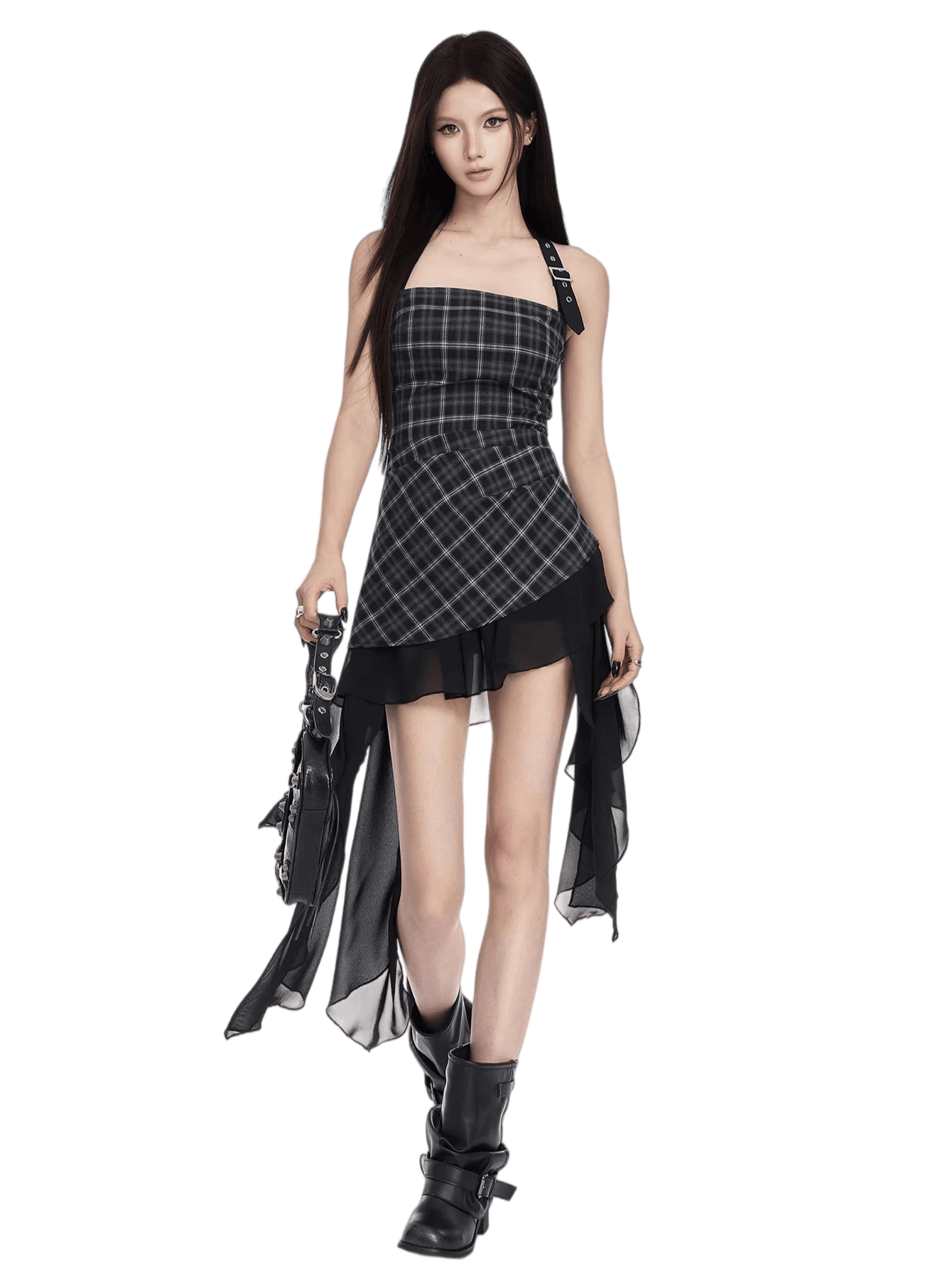 Romantic Asymmetric Ruffle Halter Plaid Bustier
