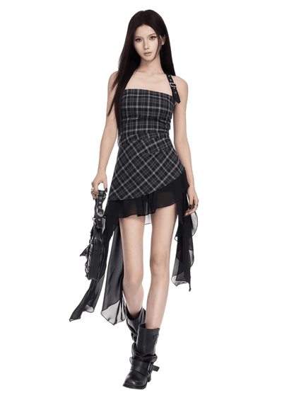 Romantic Asymmetric Ruffle Halter Plaid Bustier