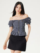 Puff Sleeve One-Word Collar Plaid Top - CHINASQUAD
