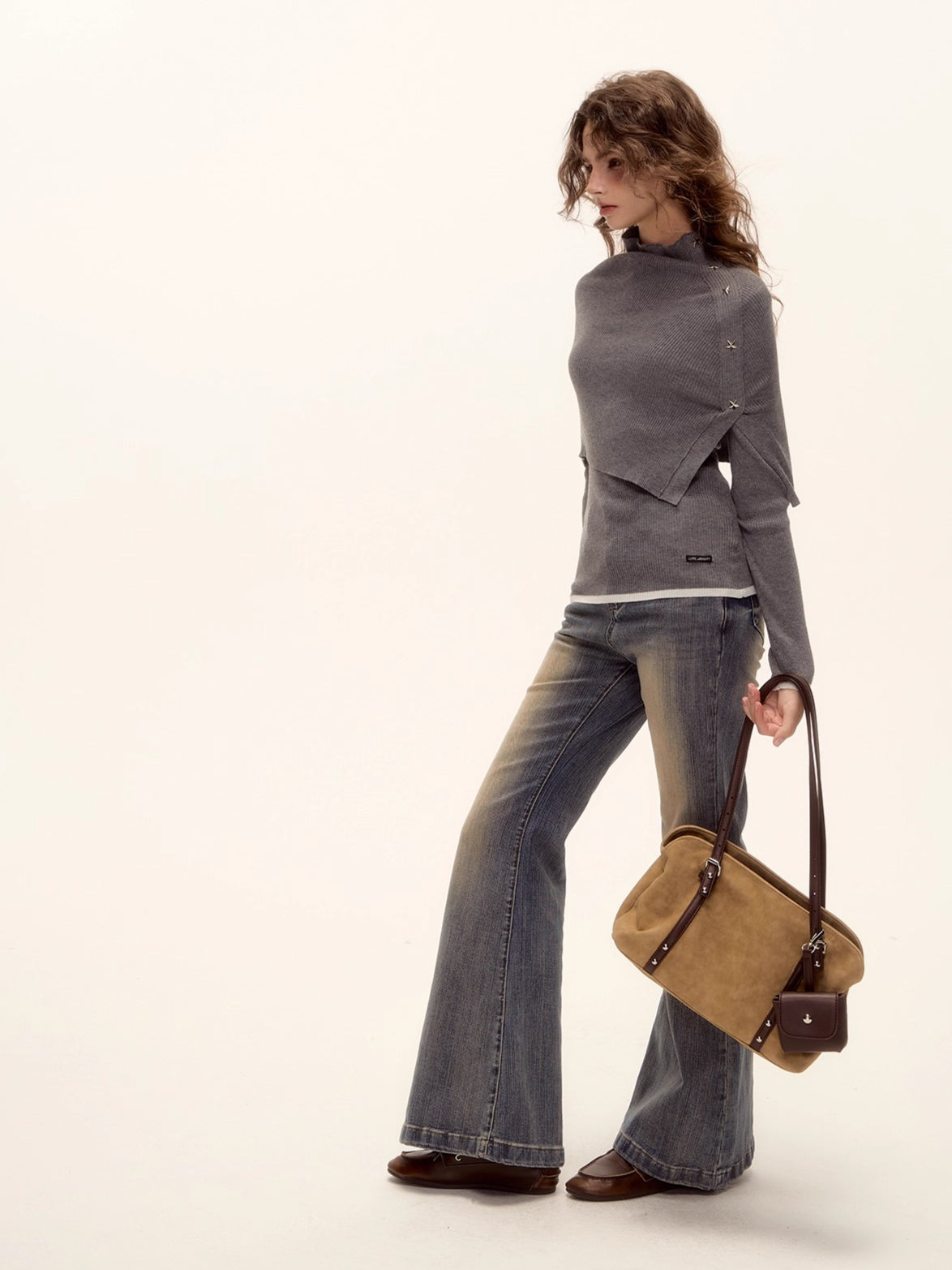 Textured Washed Flared Stretch Denim Pants