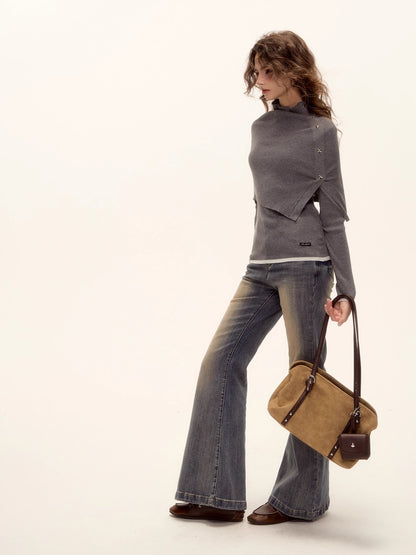 Textured Washed Flared Stretch Denim Pants