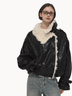 Shearling-Style Short Leather Jacket