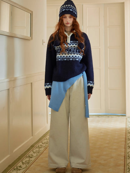 Fair Isle Heart Zip-Up Matching Hat Knit Sweater