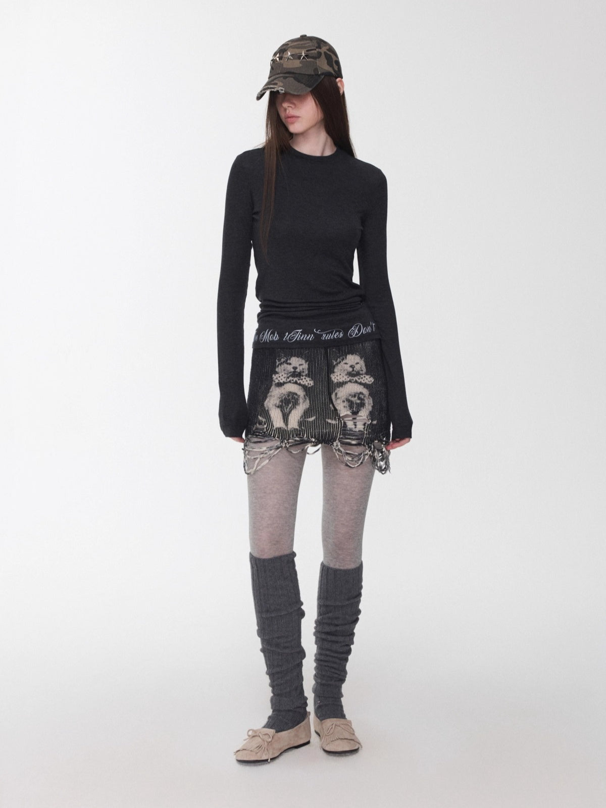 Basic Round-Neck Letter Print Semi-Sheer T-Shirt