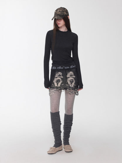 Basic Round-Neck Letter Print Semi-Sheer T-Shirt