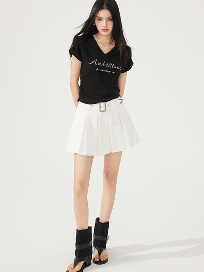 V-neck Waist-cinching Rhinestone Tee - CHINASQUAD