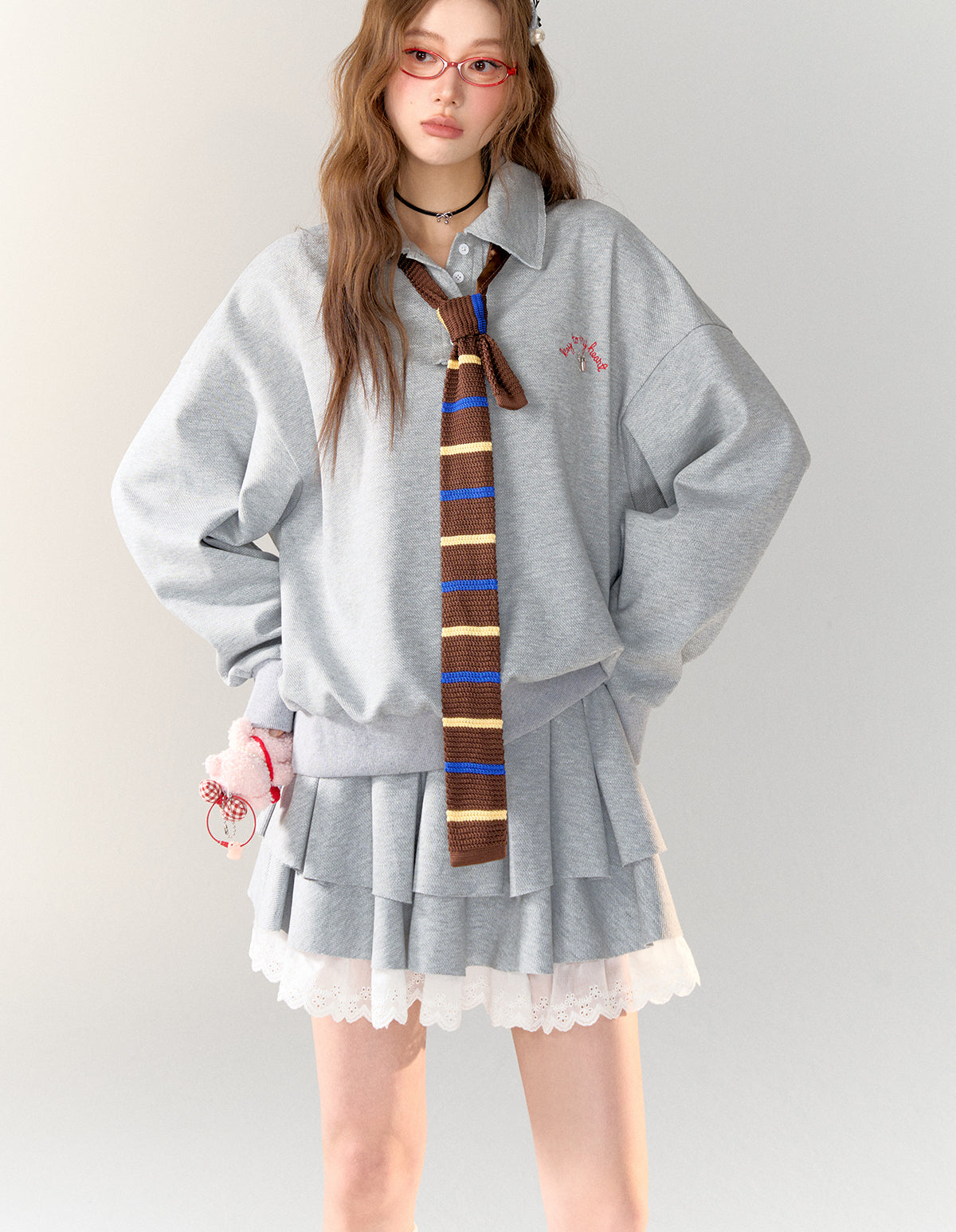 American College Style Polo Collar Sweatshirt &amp; Skirt Set