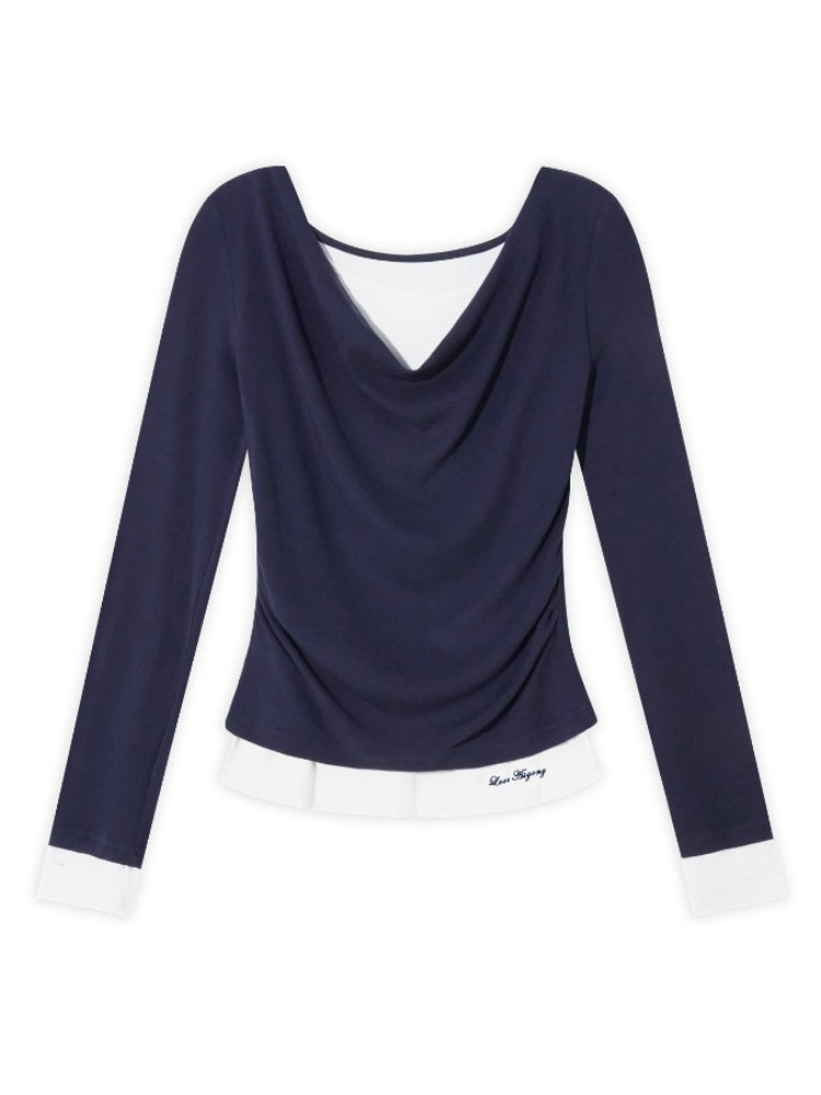 Dangle Collar Fake Two-Piece Color-Blocked Blouse - CHINASQUAD