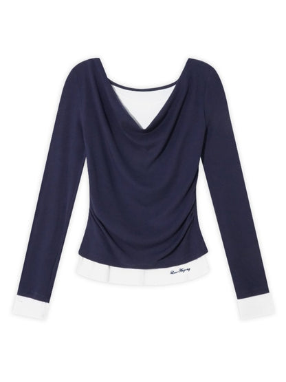 Dangle Collar Fake Two-Piece Color-Blocked Blouse - CHINASQUAD