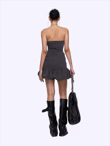 Chain Halter Bubble-Waist Mini Dress