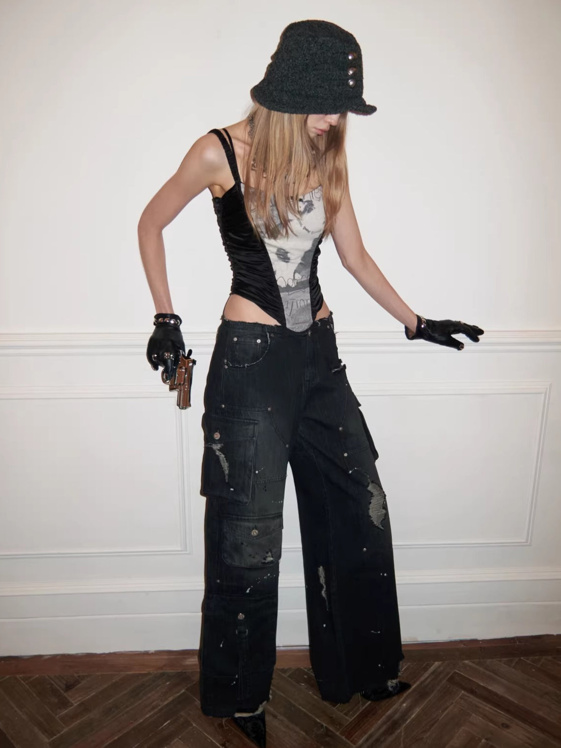 Vintage Multi-Pocket Washed Denim Cargo Pants