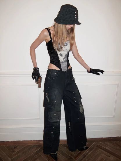 Vintage Multi-Pocket Washed Denim Cargo Pants