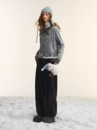 Wool-Blend Plaid Patchwork Knit Cardigan