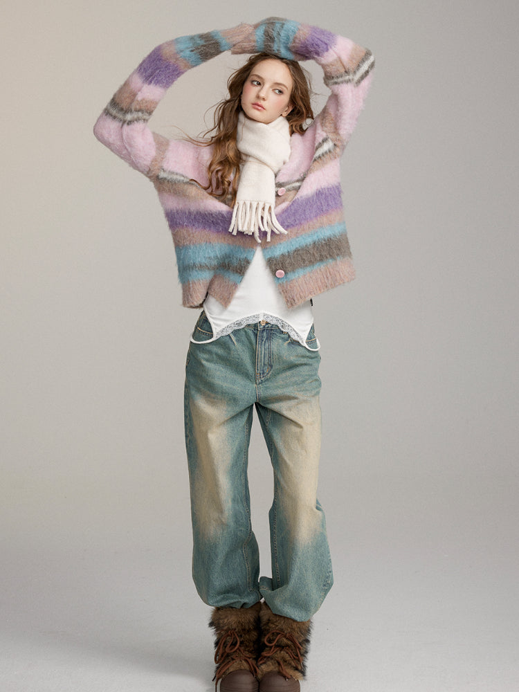 Brushed Colorblock Striped Knit Cardigan