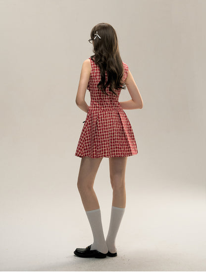 Red Gingham Sleeveless Round-neck Dress