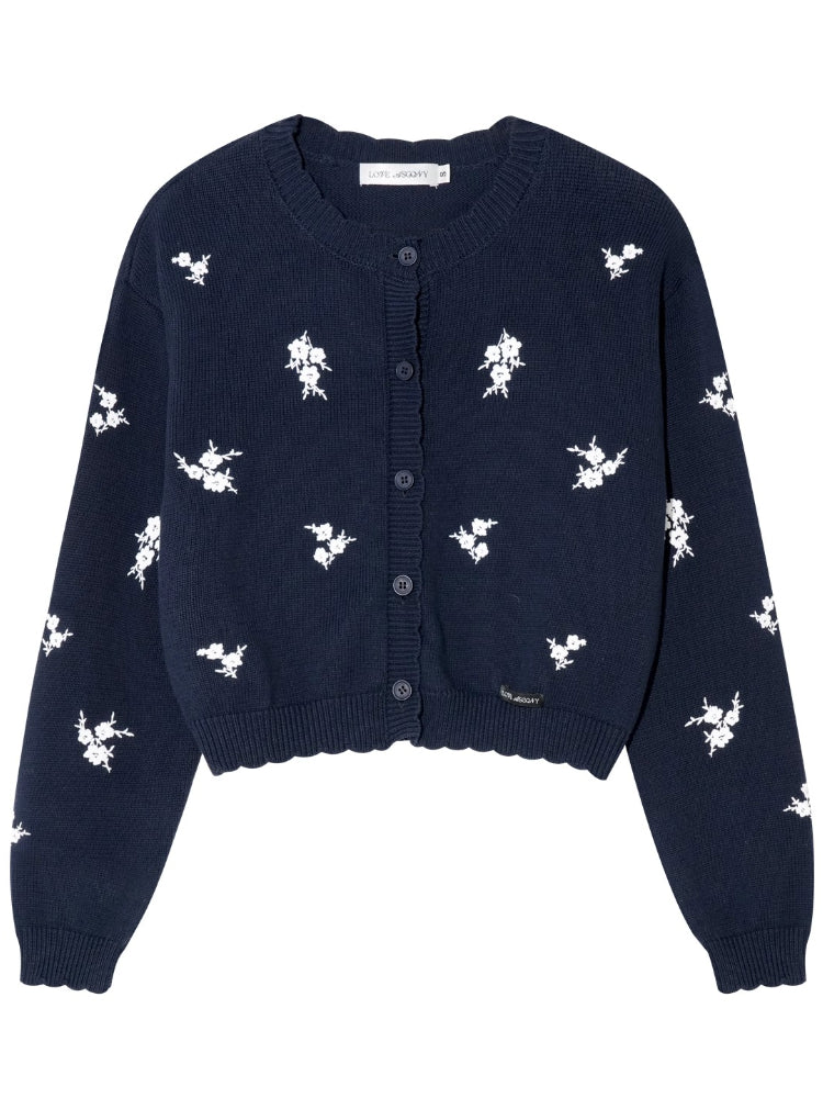Navy Blue Floral Embroidery Knitted Cardigan