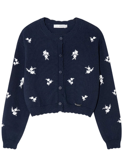 Navy Blue Floral Embroidery Knitted Cardigan