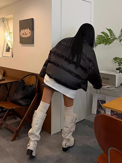 Oversized Leather-Texture Down Jacket