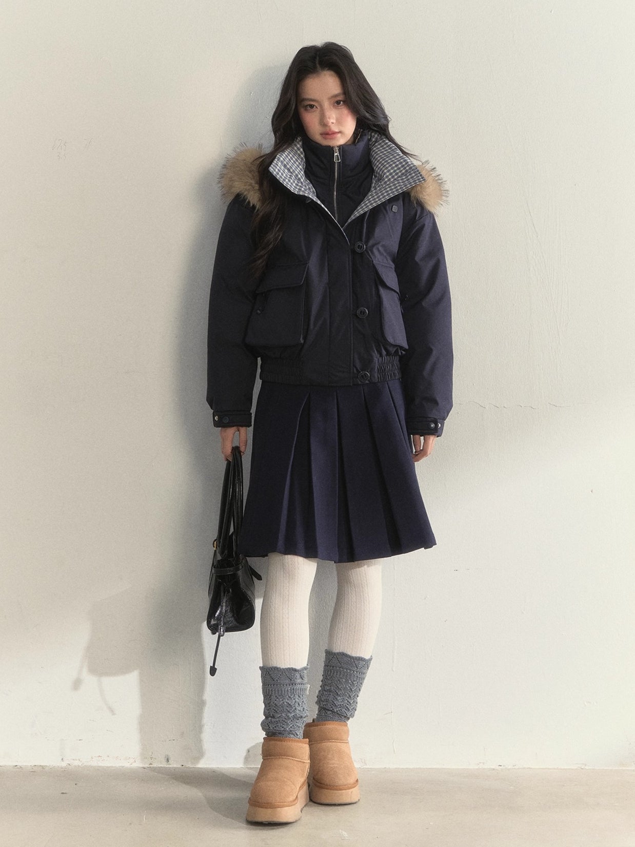 Glacier Blue &amp; Navy Plaid Panel Down Jacket