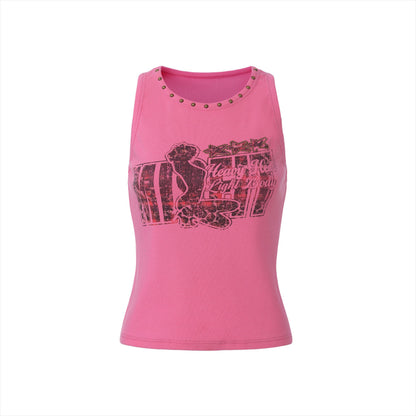 Punk Ribbed Studded Graphic Tank Top