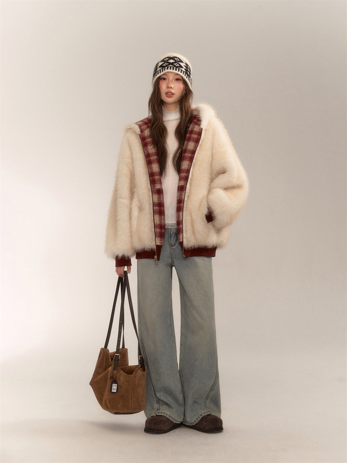 Reversible Plaid Faux Fur Coat