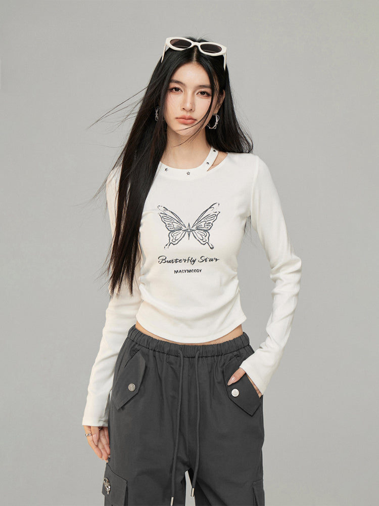 Butterfly Pleated Long Sleeve T-shirt