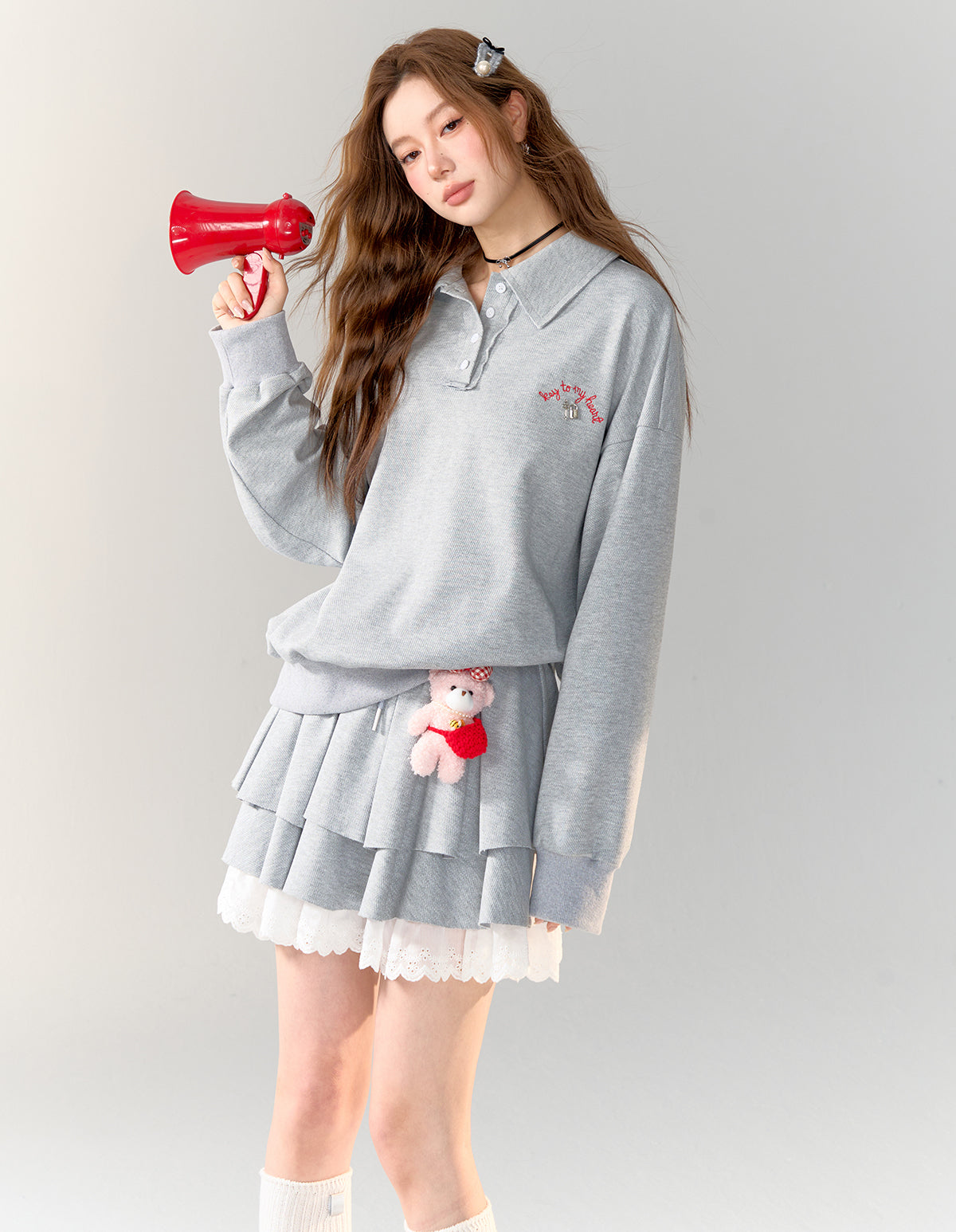 American College Style Polo Collar Sweatshirt &amp; Skirt Set