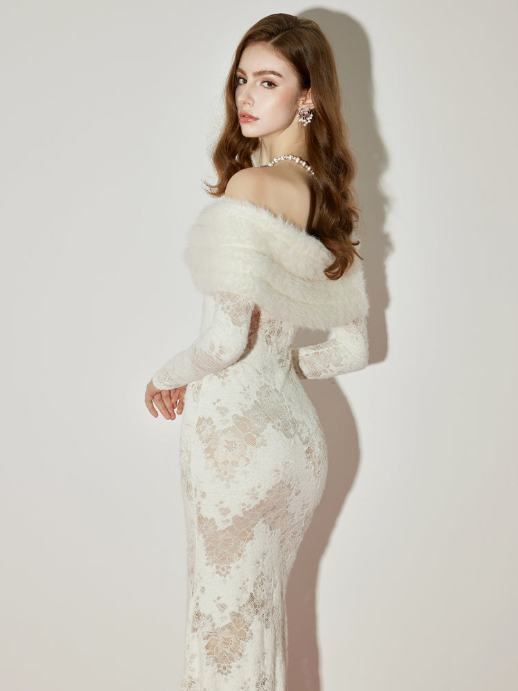 Cynthia Off-Shoulder Fur Collar Long Sleeve Lace Dress