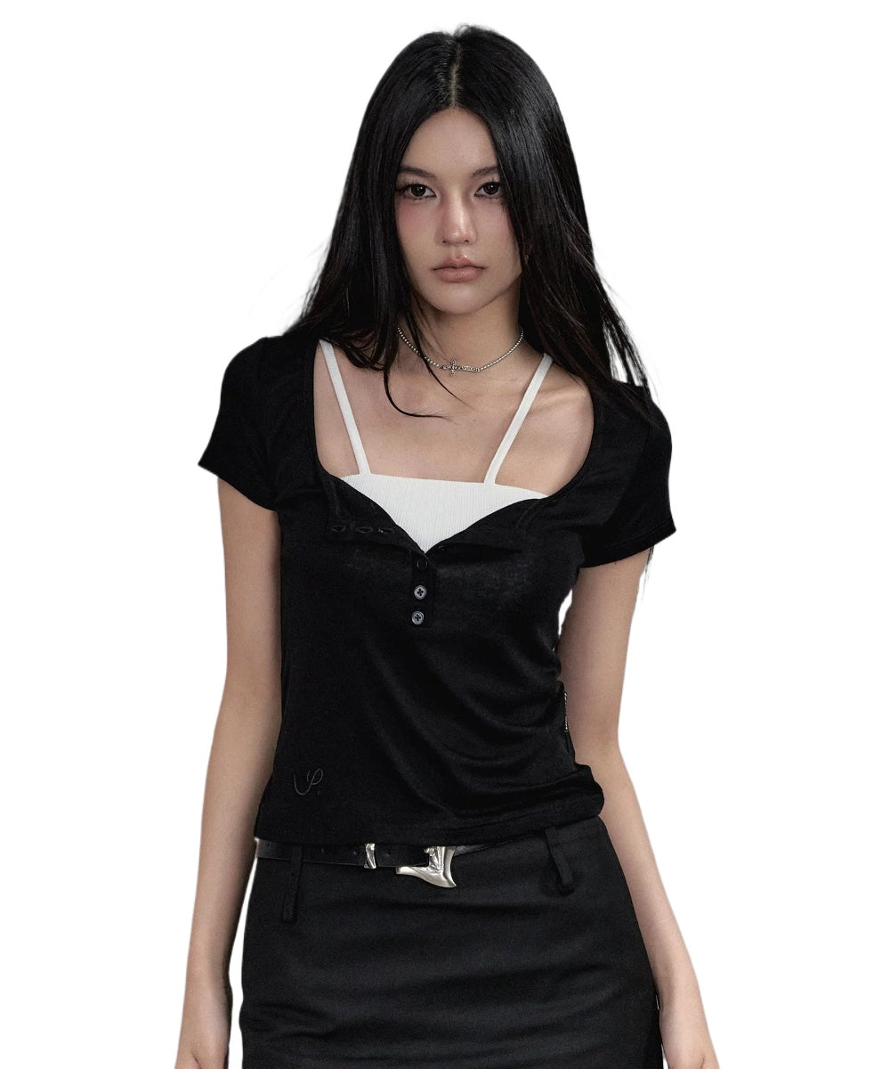 Black &amp; Grey Henley Collar Embroidered T-Shirt - CHINASQUAD