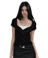 Black & Grey Henley Collar Embroidered T-Shirt - CHINASQUAD