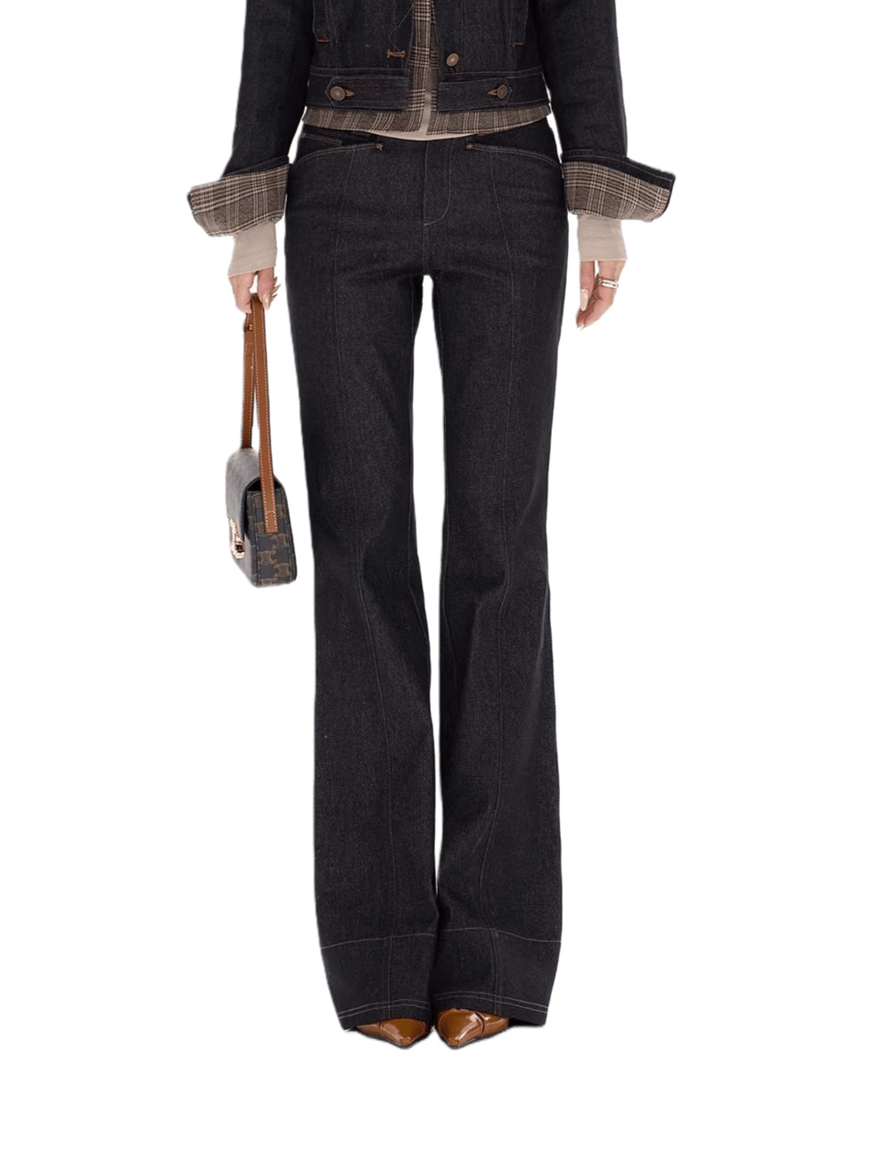 Plaid Mid-Rise Flared Wide-Leg Jeans